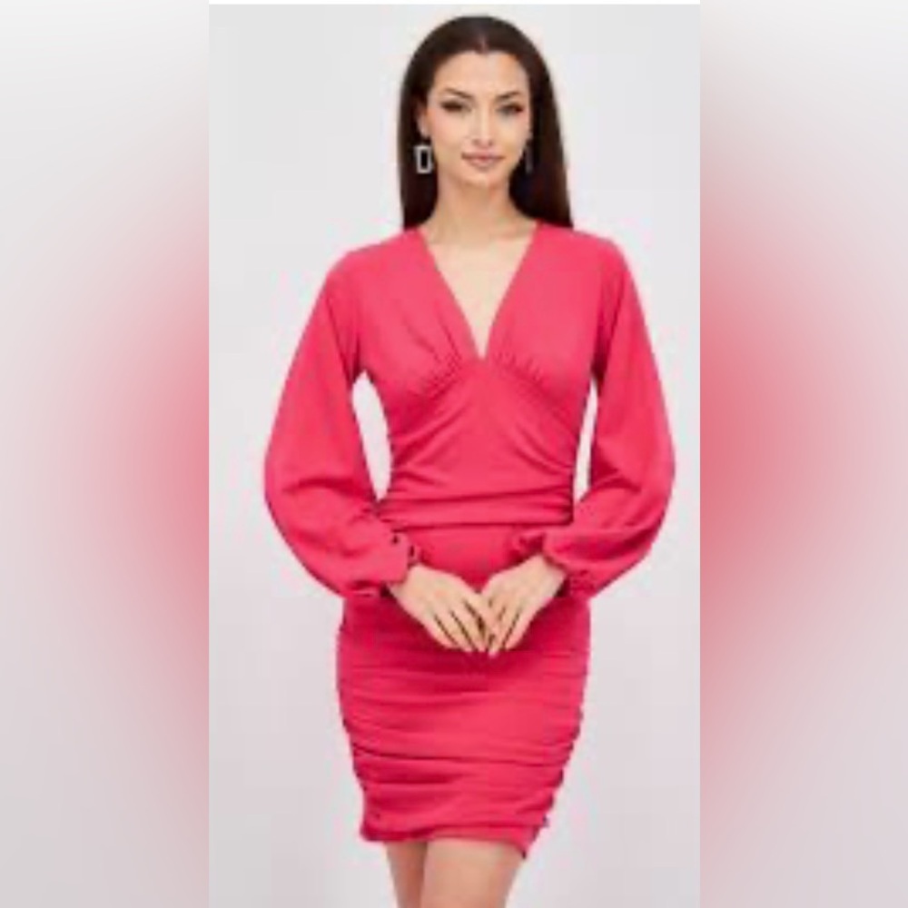 Lea & Viola Pink Sheath Dress, with puff sleeves and Rouched waist size medium